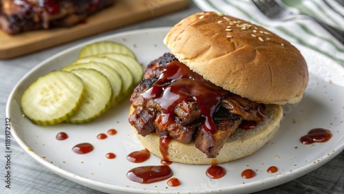 BBQ rib sandwich topped with sauce garnished with pickles on a clean plate ready to enjoy