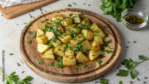 Delicious batata harra served on rustic wooden platter garnished with fresh herbs photo