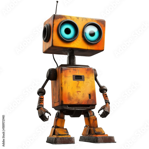 Cute orange robot character with glowing blue eyes, retro sci-fi toy design