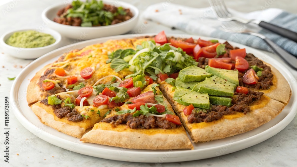 Delicious beef taco pizza served on a white plate with fresh toppings and sides Delicious beef taco pizza served on a white plate with fresh toppings and sides