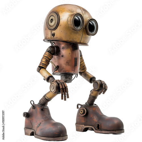 Steampunk robot with vintage boots, retro mechanical character design