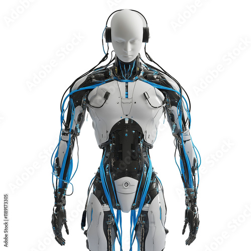 Futuristic humanoid robot with blue energy lines, cyborg concept art, without background.
