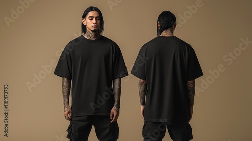 Fashionable oversized black t-shirt mockup displayed from front and back for apparel branding and design