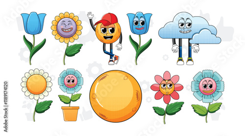 Set of facial expression with vintage style food cartoon on white background illustration. flowers, love, sun vector