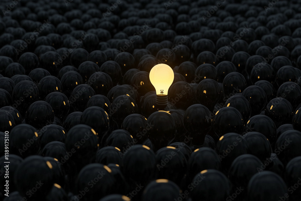 Obraz premium single light bulb is surrounded by many other light bulbs. The light bulb is the only one that is lit up