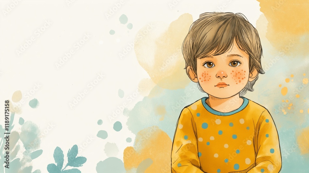 Gentle portrait of a child with spotted rash and thoughtful expression for medical awareness and educational use Gentle portrait of a child with spotted rash and thoughtful expression for medical awareness and educational use