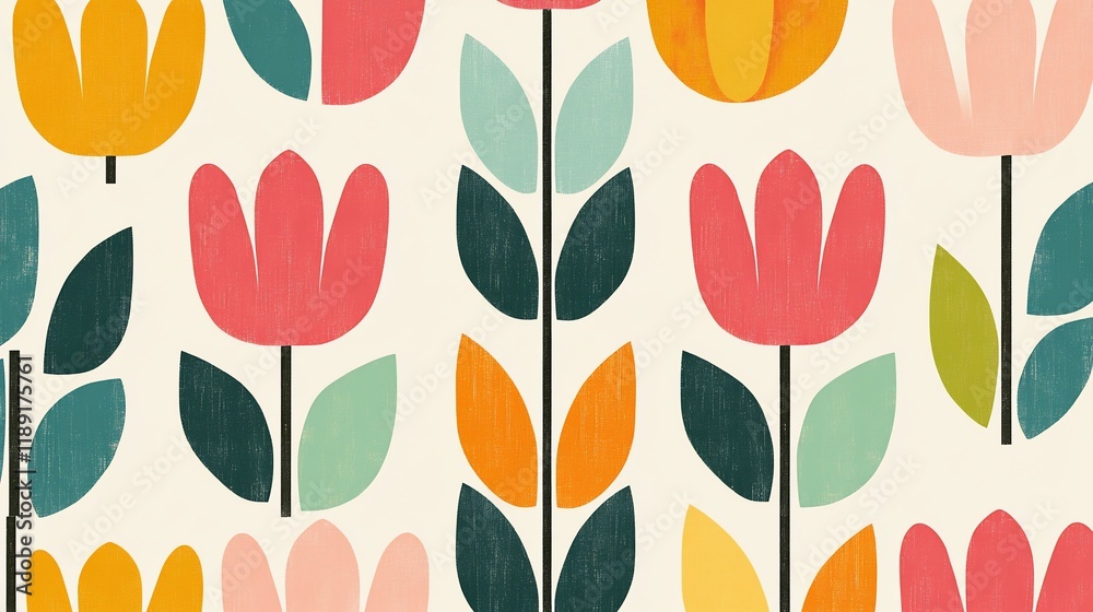 Fototapeta premium Colorful floral pattern featuring stylized tulips and leaves.