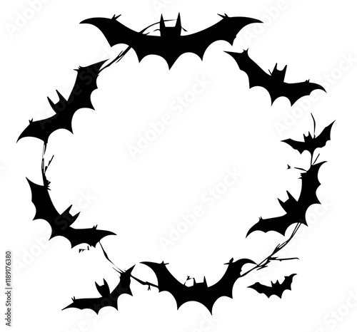 Black bats round circle frame, halloween bat vector illustration on white background