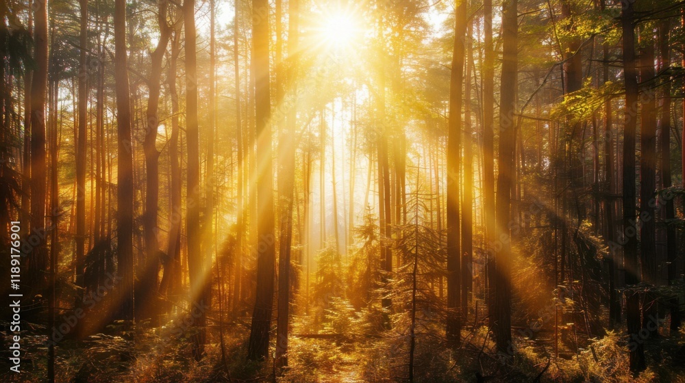 Naklejka premium a mystical forest illuminated by shafts of golden sunlight, white space in the center of the page for text, warm earth tones against a backdrop of dappled light and shadow