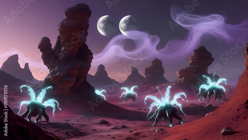 An alien landscape on a distant planet with purple skies, twin moons, and bizarre rock formations, with strange creatures roaming the terrain