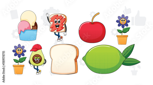 Set of facial expression with vintage style food cartoon on white background illustration. 