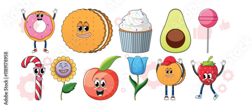 Set of facial expression with vintage style food cartoon on white background illustration. 
