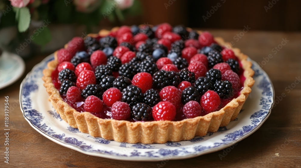 Rustic fruit tart overflowing with fresh berries on a vintage plate, perfect for any season or gathering Rustic fruit tart overflowing with fresh berries on a vintage plate, perfect for any season or gathering