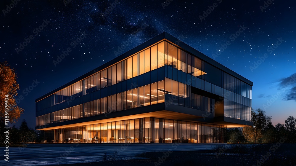 Obraz premium Modern Glass Office Building at Night Under Stars