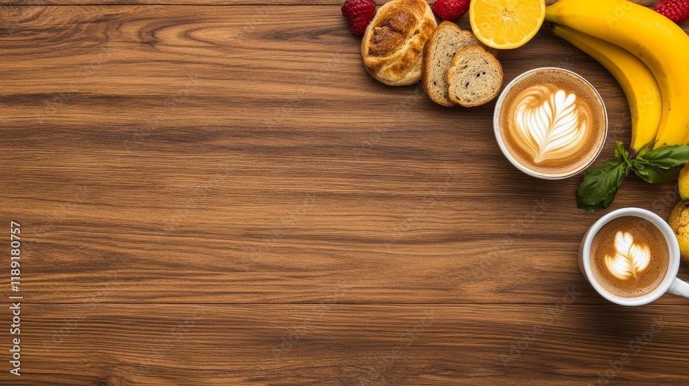 A cozy breakfast scene featuring coffee, fruit, and pastries on a wooden table. A cozy breakfast scene featuring coffee, fruit, and pastries on a wooden table.