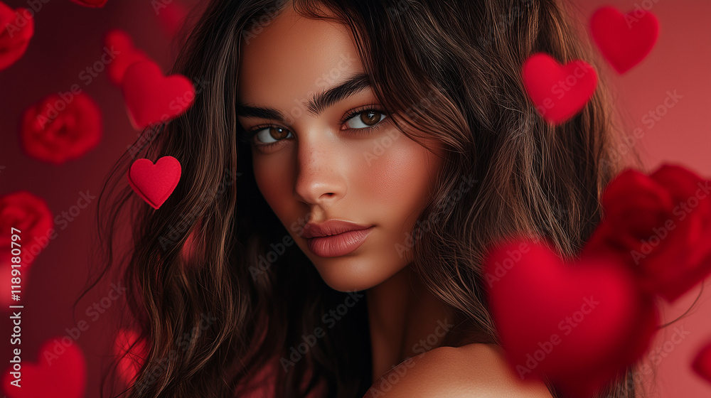 Realistic model with long hair poses for a Valentine's Day photo shoot Realistic model with long hair poses for a Valentine's Day photo shoot