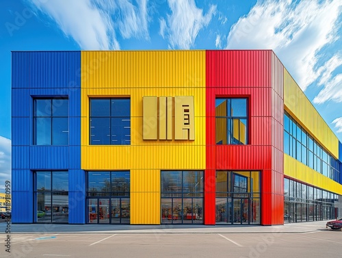 Colorful retail building stands tall with bright yellow red, blue facade. Modern architecture features large glass windows. Shop design eye-catching. Shop exterior visible in daylight. Modern design
