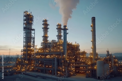 Industrial Plant at Sunset: Silhouette of Chimneys Releasing Vapor in Evening Light, Creating a Vivid Soft Effect in the Background photo