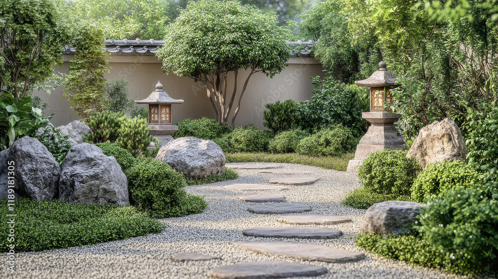 peaceful Zen garden with a stone path and rock lanterns peaceful Zen garden with a stone path and rock lanterns