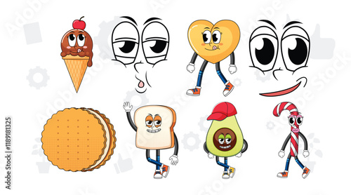 Set of facial expression with vintage style food cartoon on white background illustration. 