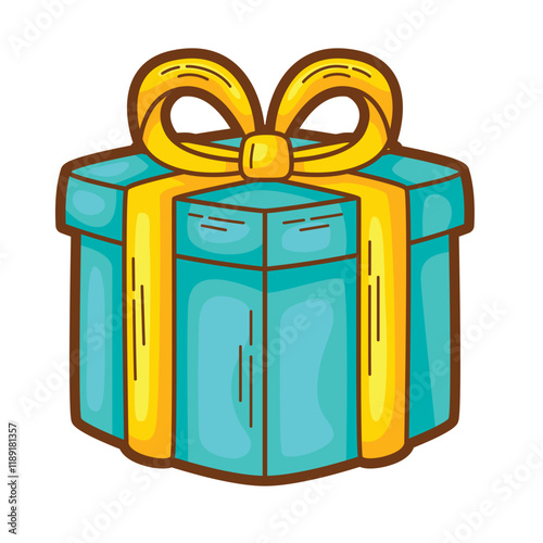 Birthday celebration concept with a teal gift box featuring a bright yellow bow, perfect for greeting cards or party invitations