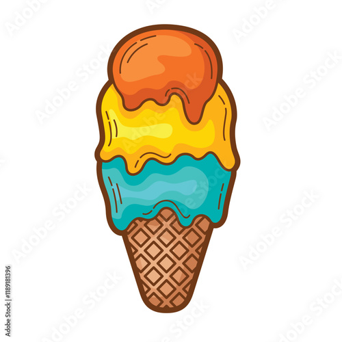 Sticker featuring a colorful three scoop ice cream cone, ideal for summer themed designs and food related projects on social media and print
