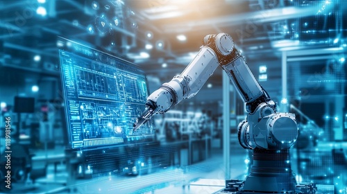 Robotic Arm Interacting with Digital Interface: A Futuristic Industrial Scene