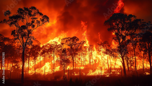 A breathtaking view of a raging forest fire, featuring tall burning trees, thick dark smoke, and large flames. For wildfire and bushfire themes.