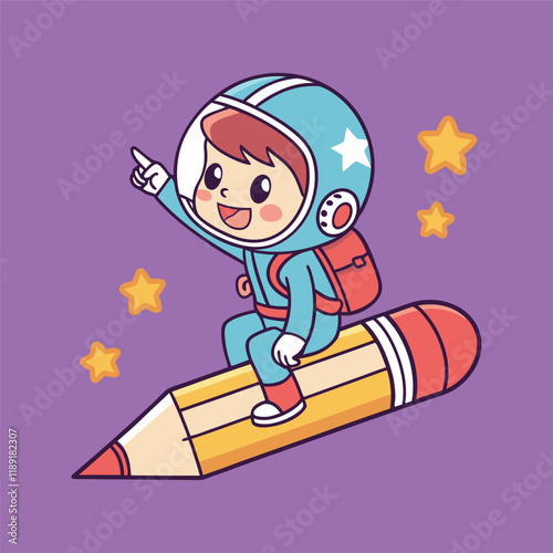 Cute Astronaut Child Riding a Pencil Rocket into Space