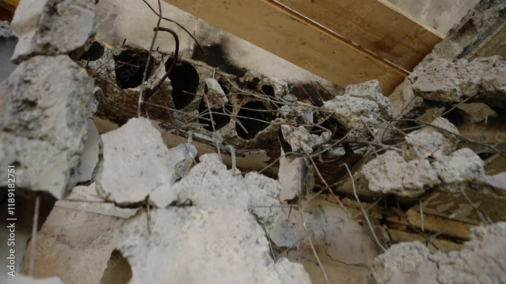 Video shows war-torn interior of apartment in Mariupol. Damaged reinforced concrete and collapsed ceilings from shelling evident. Residential building ruinous state after conflict, view of debris. Video shows war-torn interior of apartment in Mariupol. Damaged reinforced concrete and collapsed ceilings from shelling evident. Residential building ruinous state after conflict, view of debris.