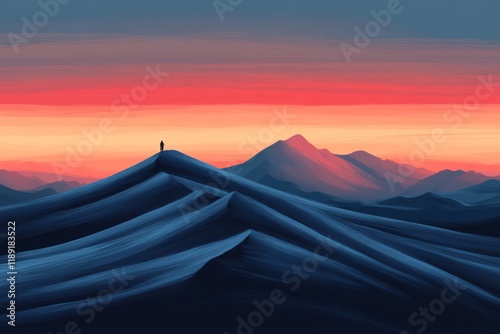 lonely person standing on the top of a sand dune watching a colorful sunset over the mountains photo