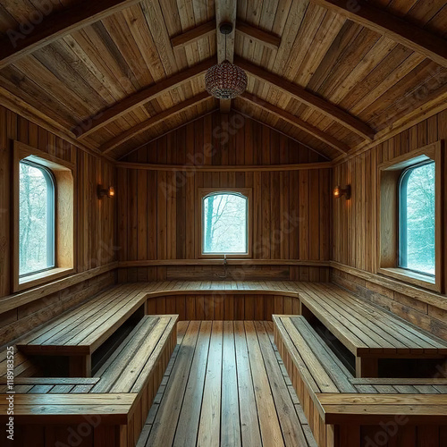 interior of wooden bathhouse sauna. wood-fired sauna. vaporarium photo