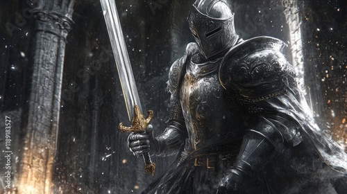 A heavily armored knight stands ready with a sword in a dark, atmospheric setting.