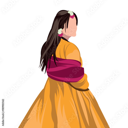 mehndi aur haldi ceremony indian bride wearing yellow dress and looking backward