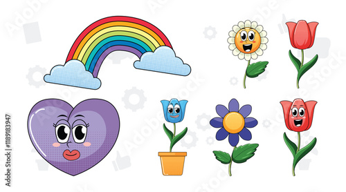 Set of facial expression with vintage style food cartoon on white background illustration. flowers, love, sun vector