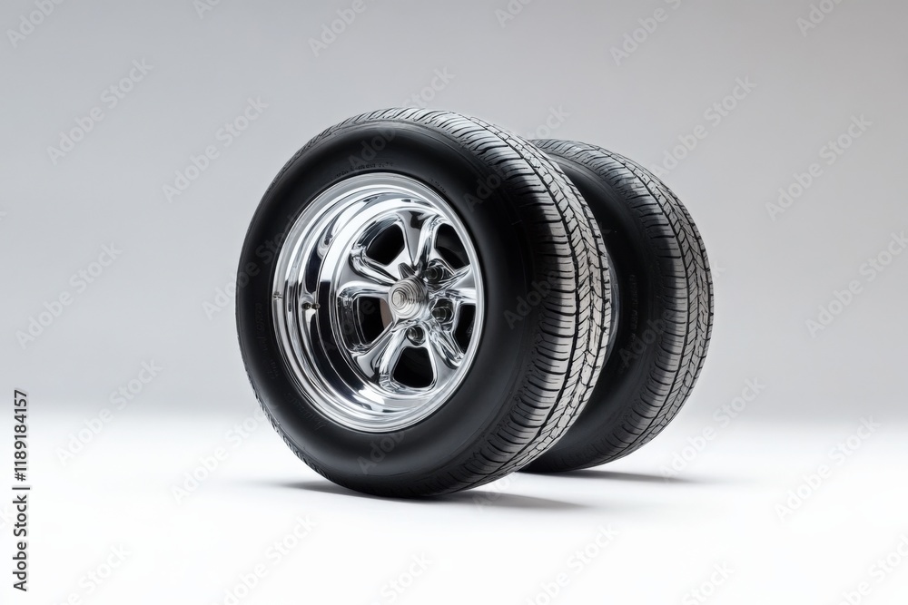 two car tires with chrome rims on a white background two car tires with chrome rims on a white background