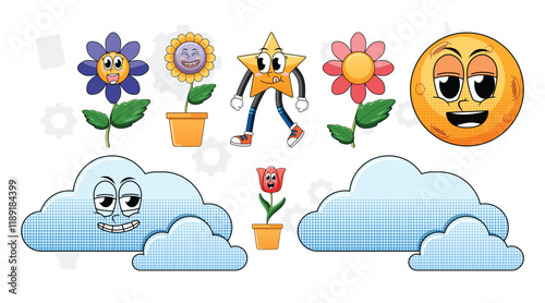 Set of facial expression with vintage style food cartoon on white background illustration. flowers, love, sun vector