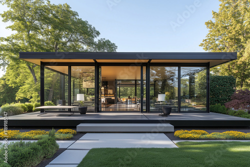 A minimalist single story modern home with a large overhang, black steel framing, and glass walls, styled on a solid matte black background.