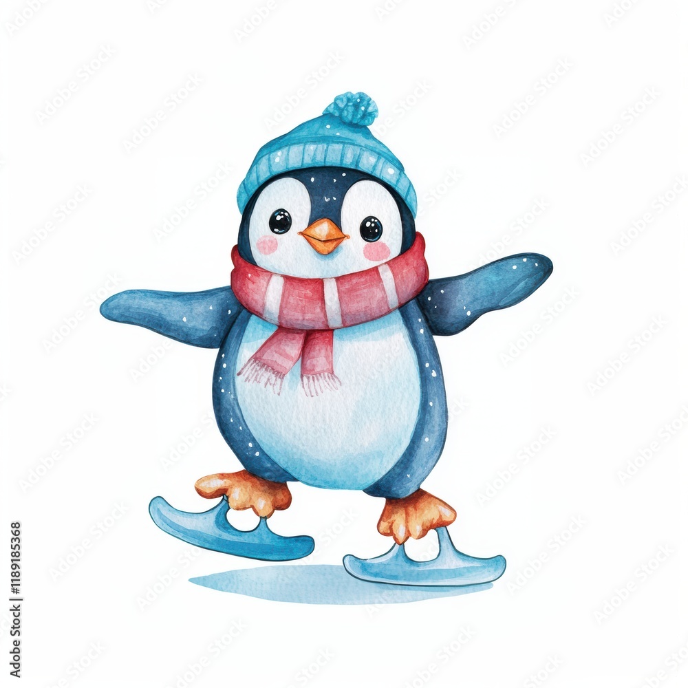 Fototapeta premium Cute penguin ice skate cartoon style