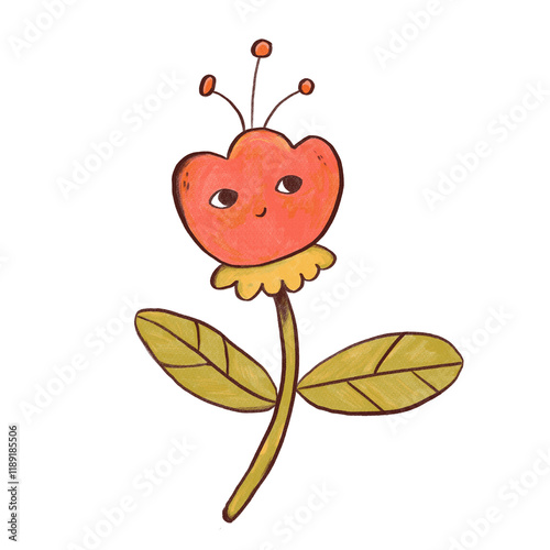 Adorable Childlike Doodle Flower Illustration with Cute Happy Face - Whimsical Colorful Art.
