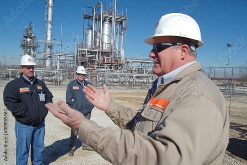 Group of Engineers Engaged in Discussion During Afternoon Meeting Near Natural Gas Plant with Industrial Structures in Background
