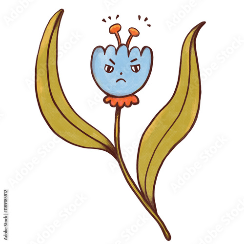 Adorable Childlike Doodle Flower Illustration with Cute Angry Face - Whimsical Colorful Art.