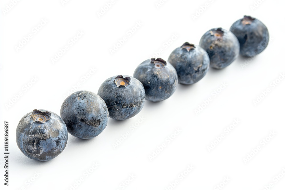 Seven blueberries in a row on a white background Seven blueberries in a row on a white background