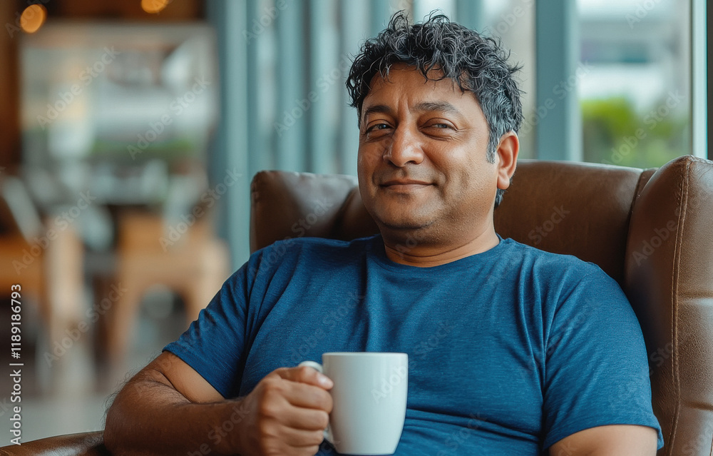 indian middle aged man relaxing on sofa and holding a coffee mug indian middle aged man relaxing on sofa and holding a coffee mug