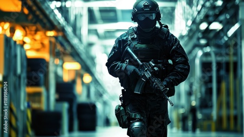 A covert operative sneaking through a high-tech facility.