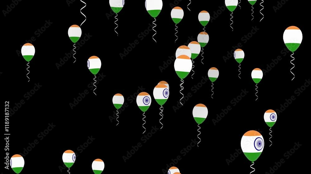 Floating Indian Flag Balloons on Black Background. 4k animatioo footage