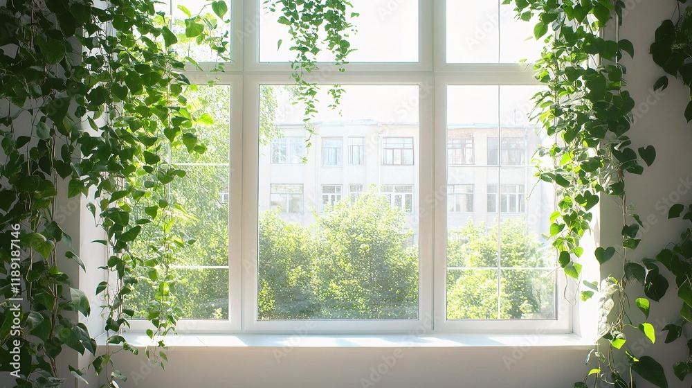Fototapeta premium Sunlight Streaming Through Greenery: A vibrant window is framed by lush, hanging greenery, bathing the room in warm sunlight. The blurred background hints at a bustling cityscape.
