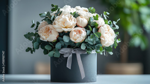 Elegant bouquet of cream peonies and eucalyptus in a gray hatbox with a gray ribbon. photo