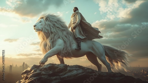 A bold and visionary warrior mounted atop a powerful and majestic lion stands tall with unwavering determination and strategic motivation