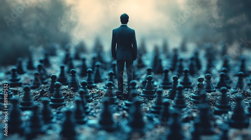 A lone figurehead stands amidst a swarm of tactical chess pieces symbolizing the power of leadership driven innovation frameworks that blend tactical execution visionary solutions